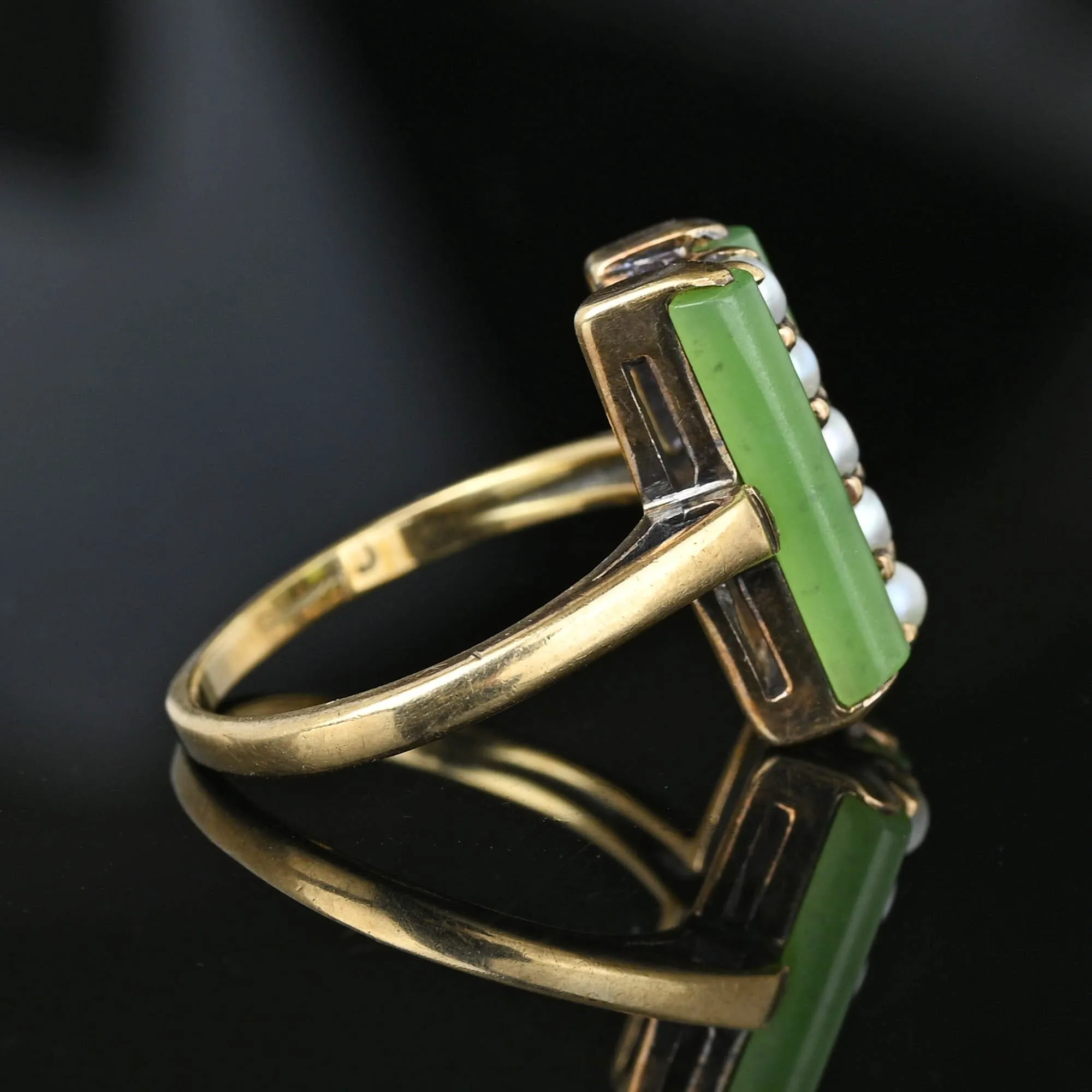 Vintage Gold Pearl Green Jade Art Deco Ring