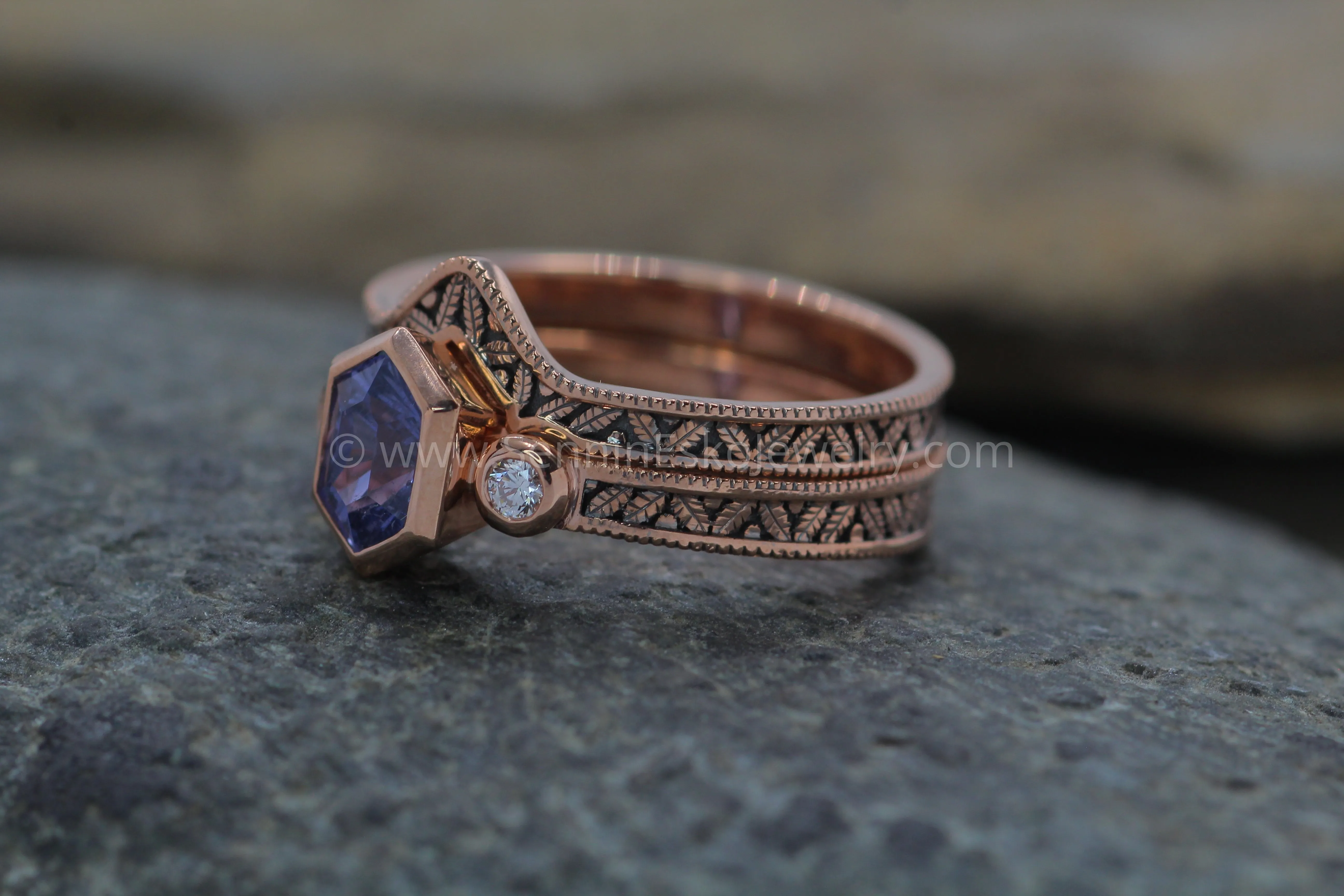 Vintage Inspired Leaf Multi Bezel Ring Set - Depicted with a Purple Sapphire (Setting Only, Center Stone Sold Separately)