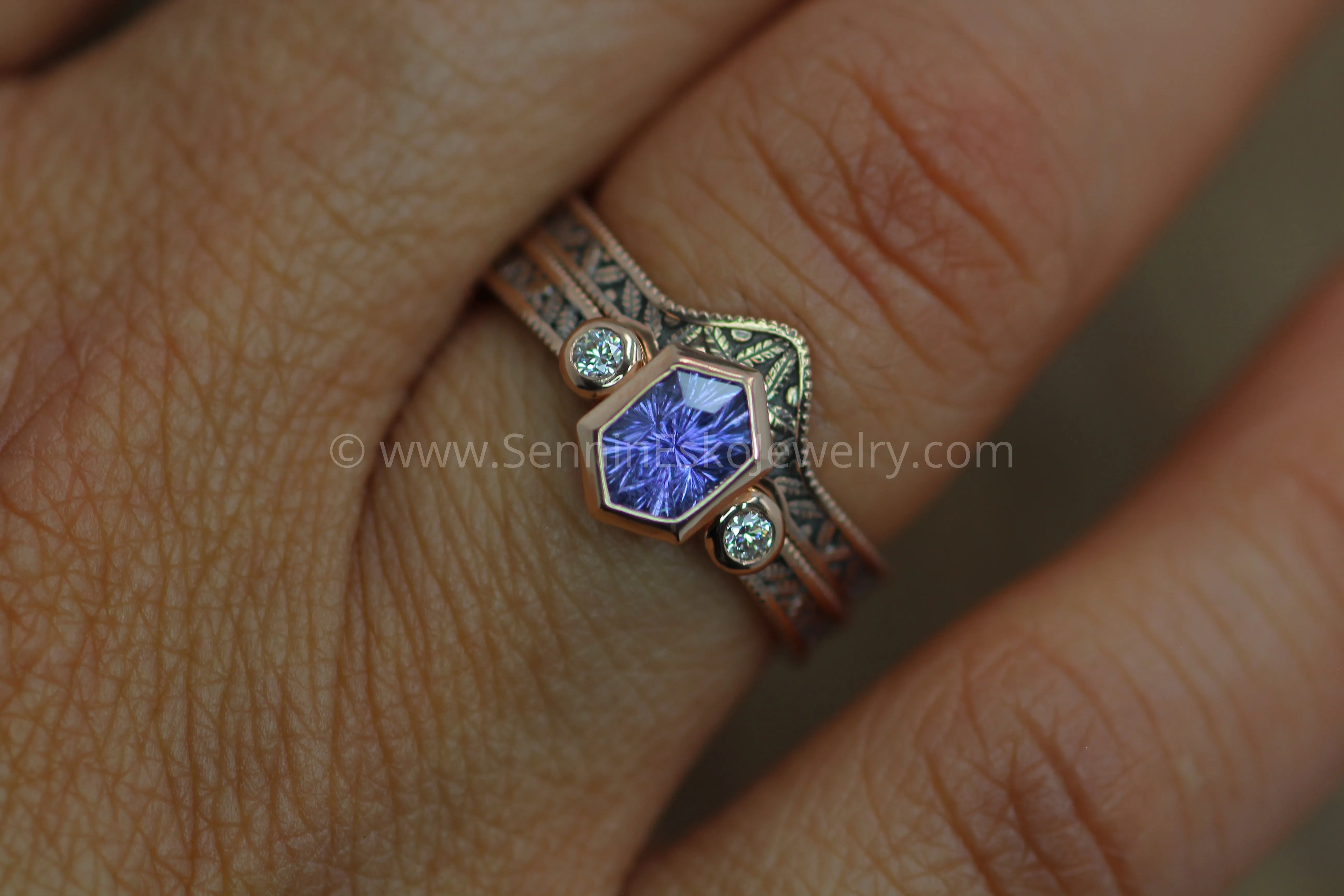 Vintage Inspired Leaf Multi Bezel Ring Set - Depicted with a Purple Sapphire (Setting Only, Center Stone Sold Separately)