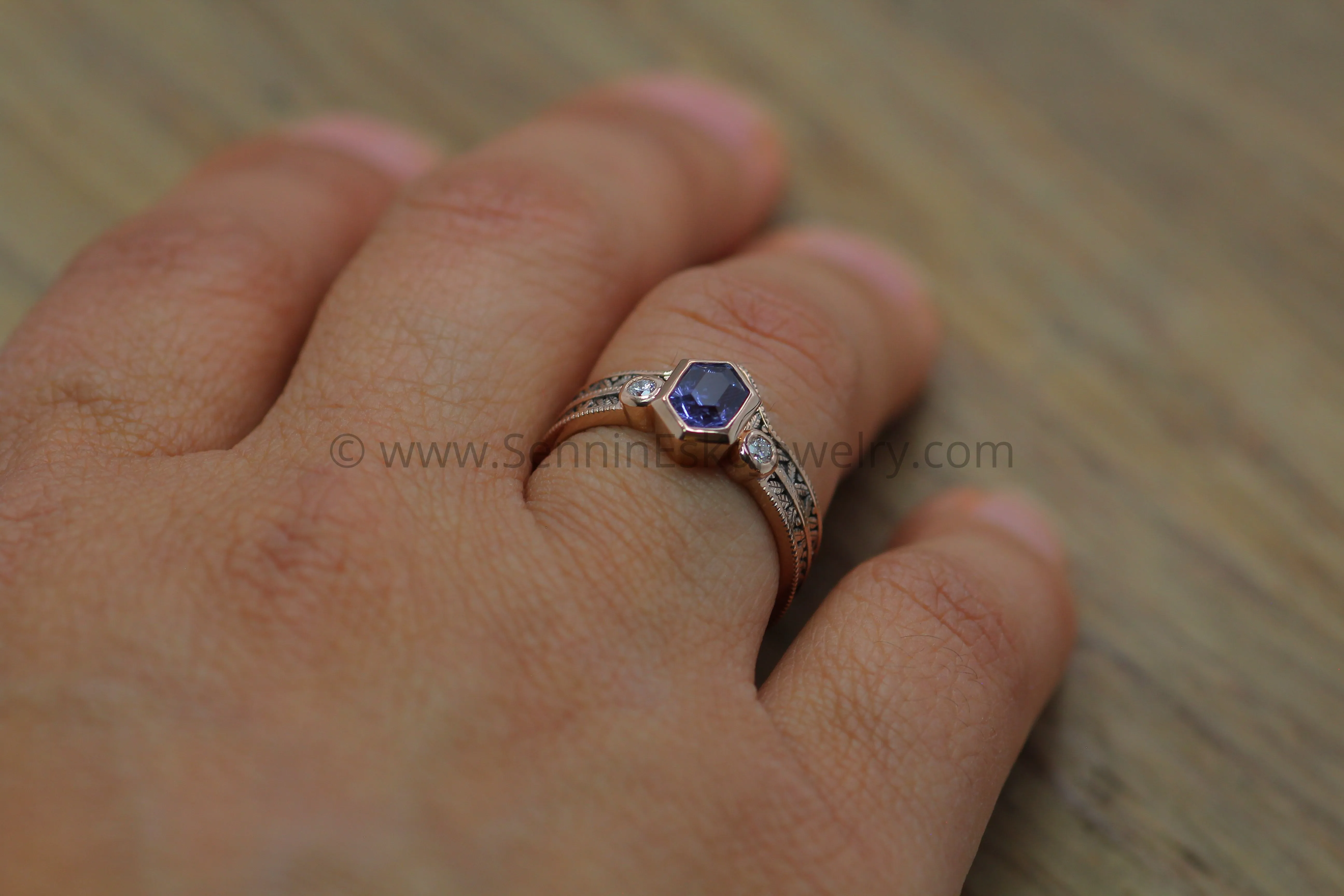 Vintage Inspired Leaf Multi Bezel Ring Set - Depicted with a Purple Sapphire (Setting Only, Center Stone Sold Separately)