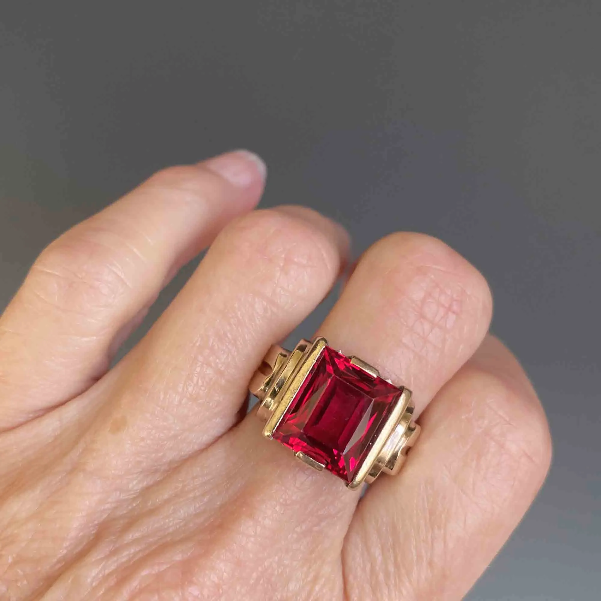 Vintage Mens Art Deco Gold Ruby Signet Ring, Sz 12