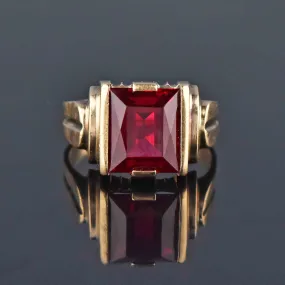 Vintage Mens Art Deco Gold Ruby Signet Ring, Sz 12