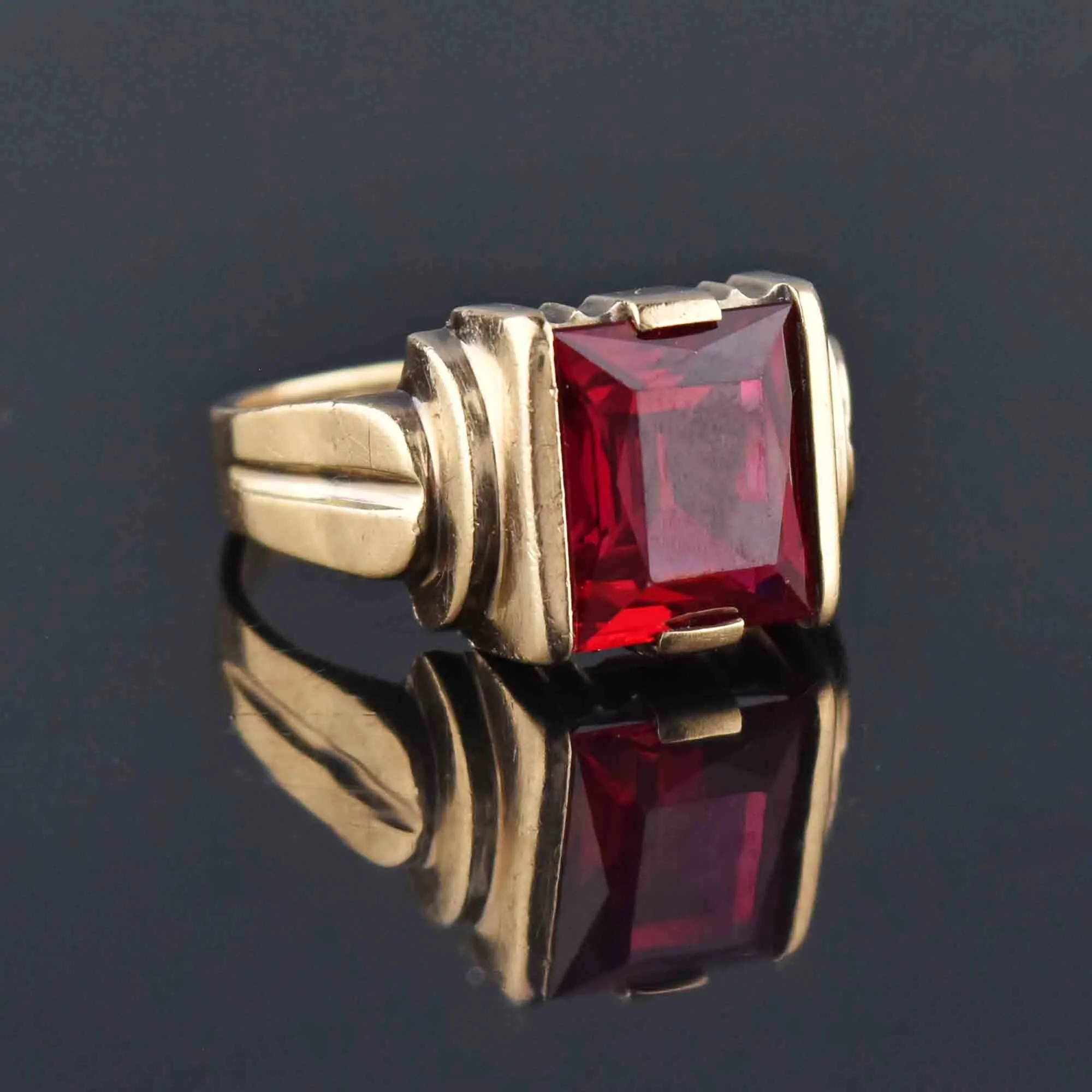 Vintage Mens Art Deco Gold Ruby Signet Ring, Sz 12