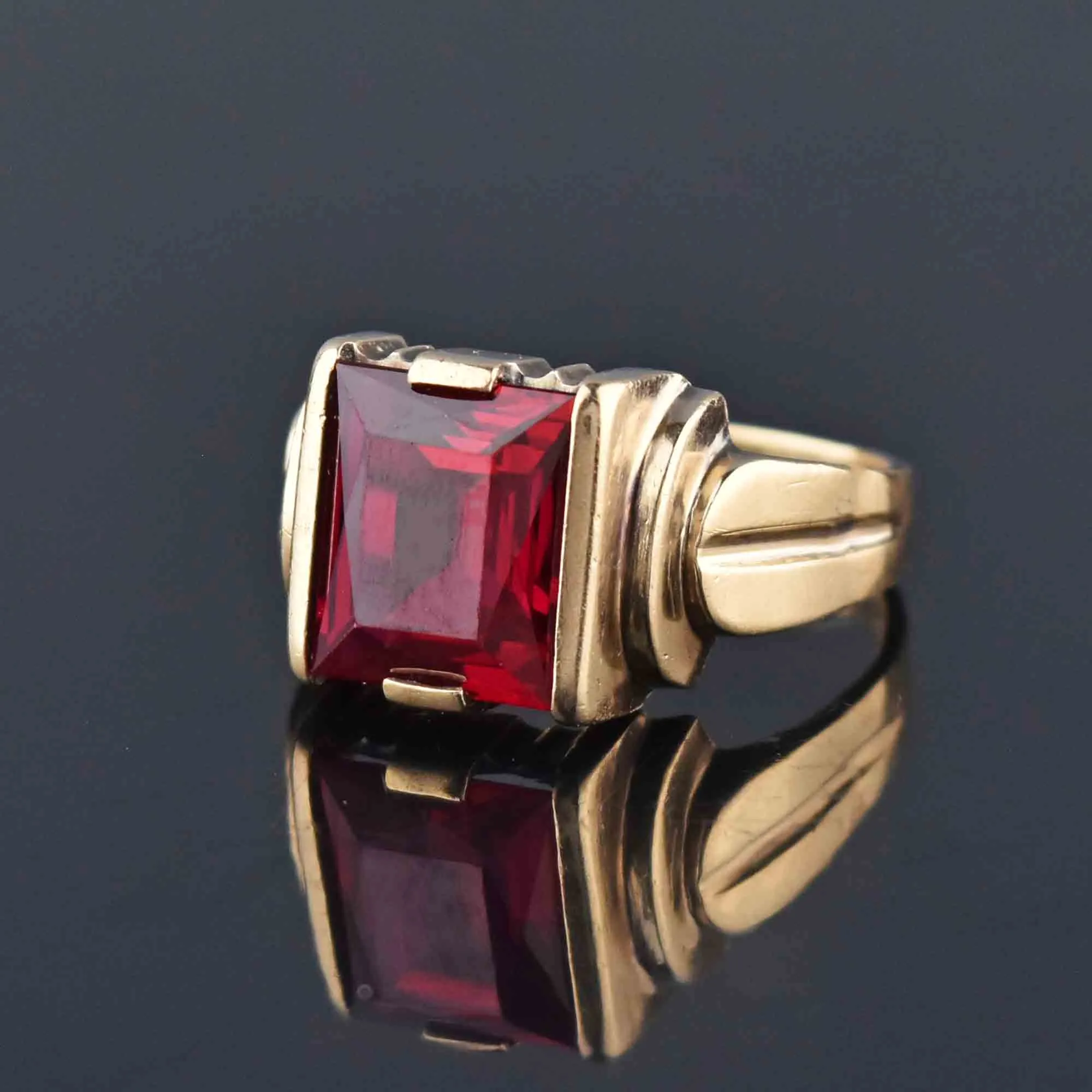 Vintage Mens Art Deco Gold Ruby Signet Ring, Sz 12