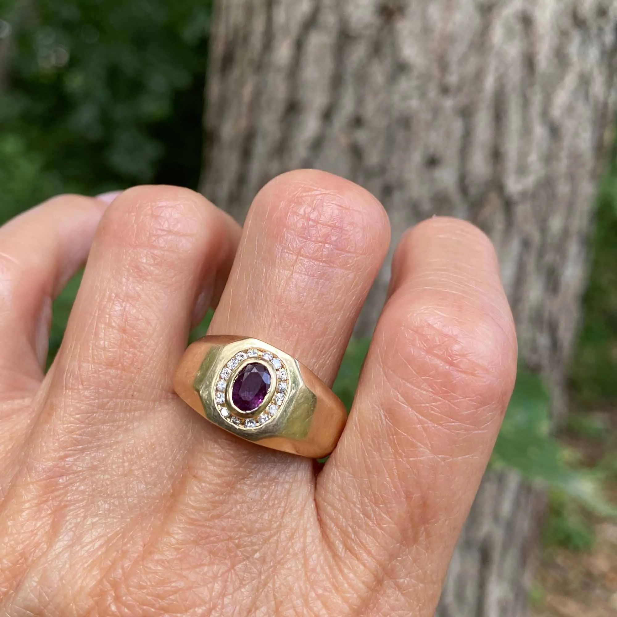 Vintage Mens Diamond Halo Ruby Ring in 14K Gold