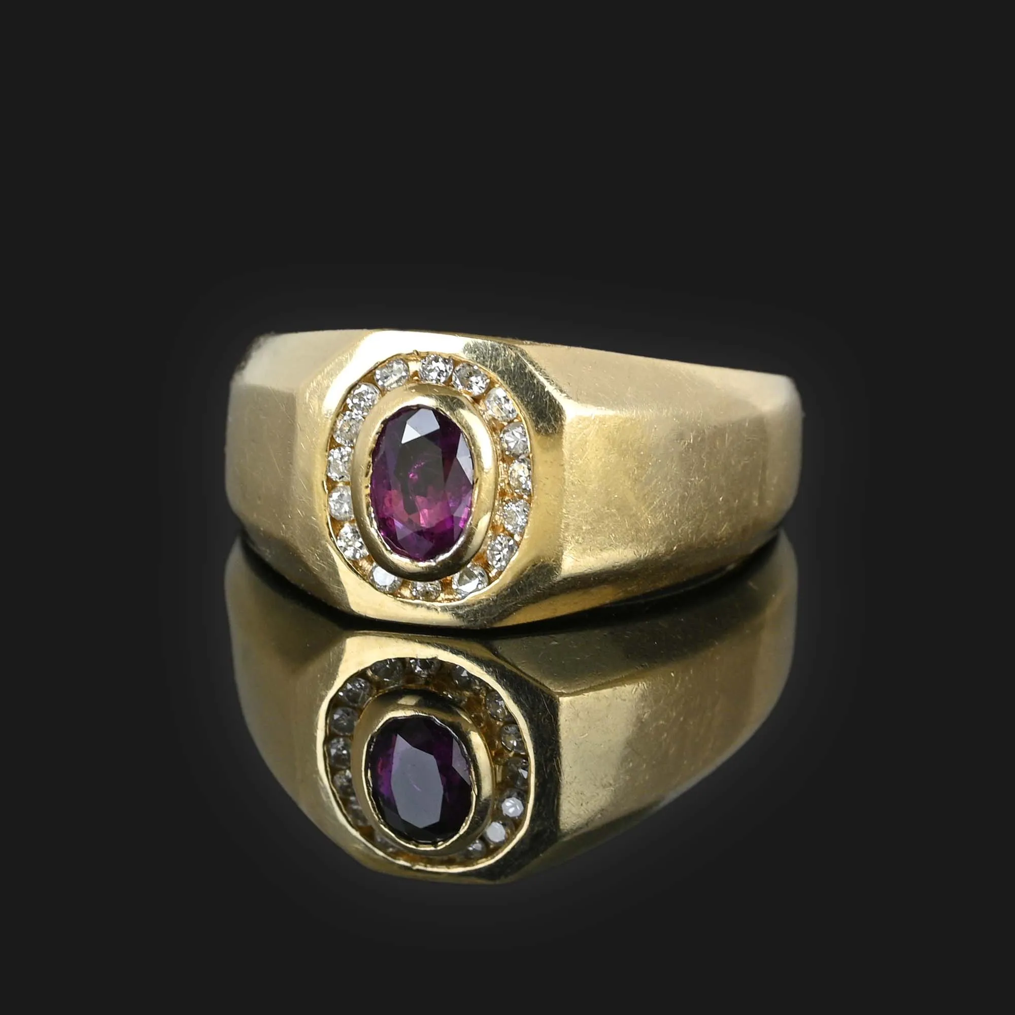 Vintage Mens Diamond Halo Ruby Ring in 14K Gold