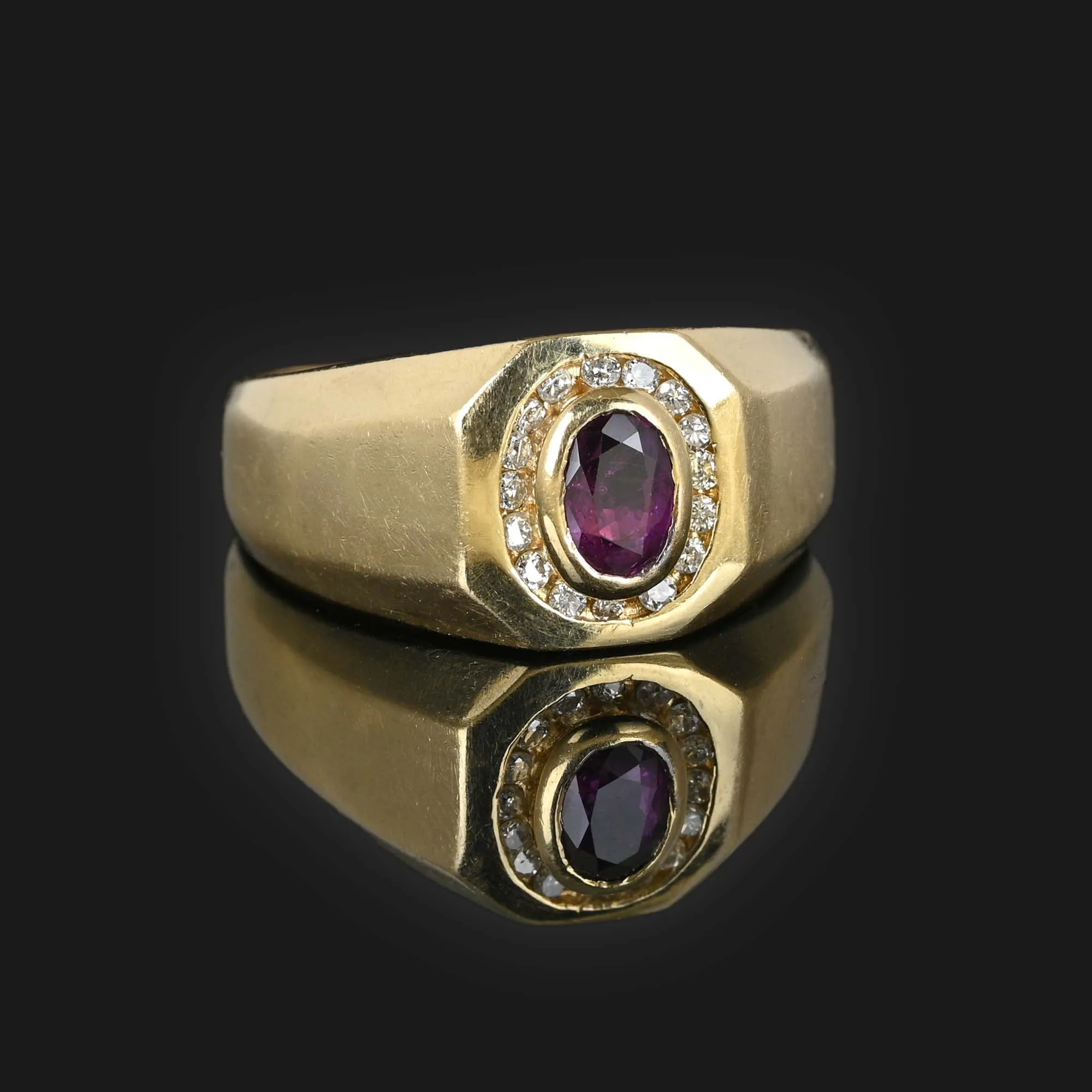 Vintage Mens Diamond Halo Ruby Ring in 14K Gold