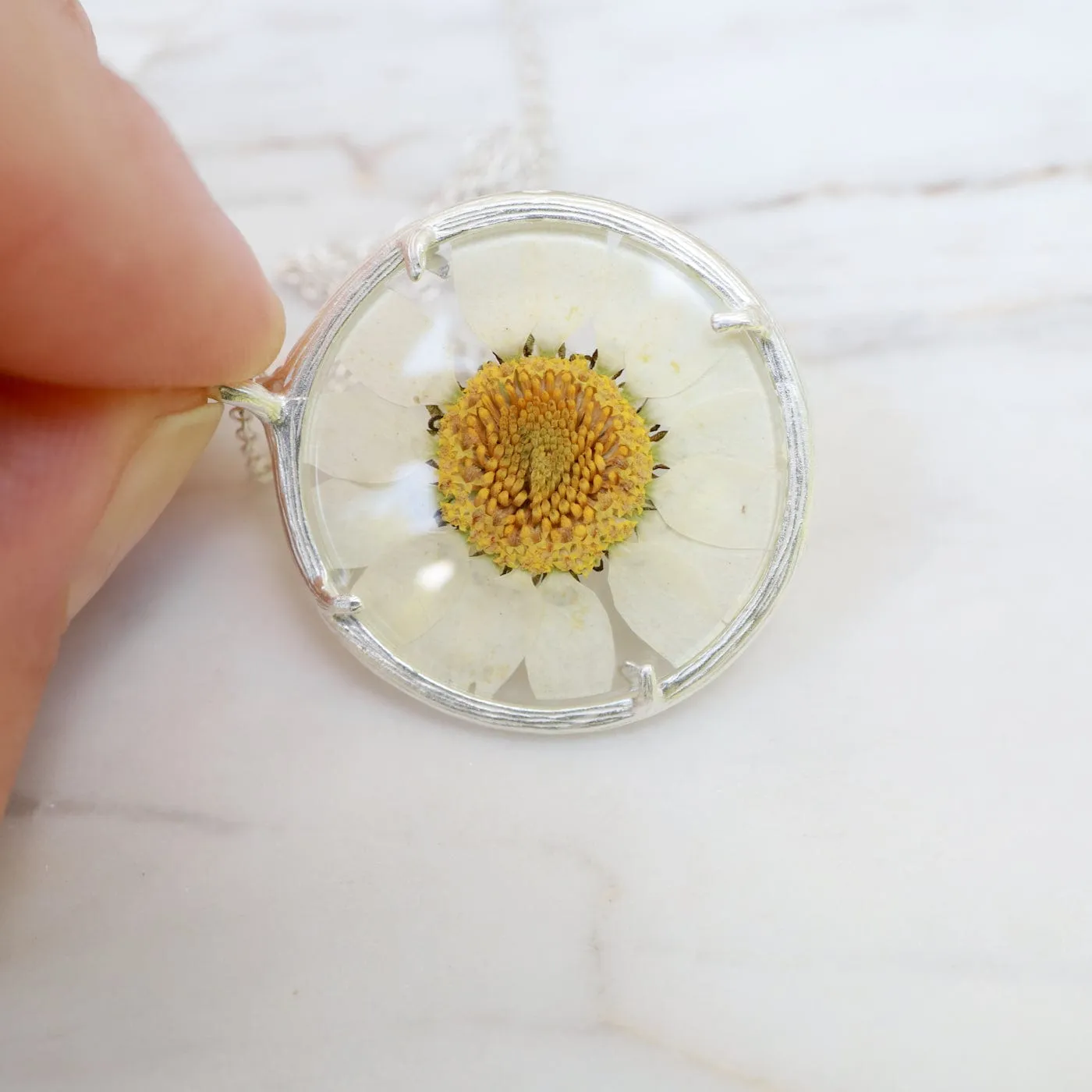 White Daisy Large Glass Botanical Necklace - Sterling Silver