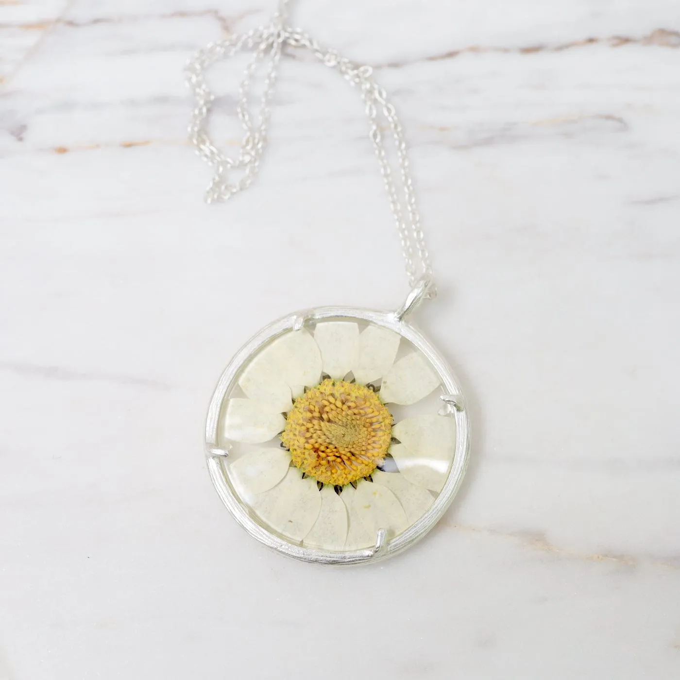 White Daisy Large Glass Botanical Necklace - Sterling Silver