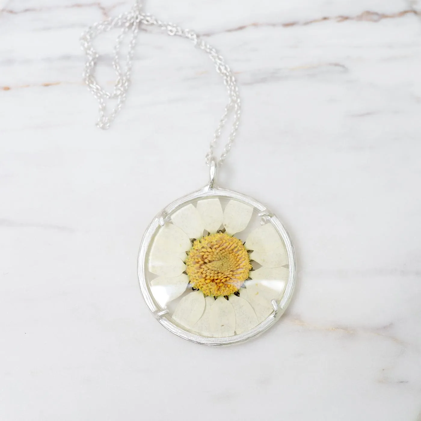 White Daisy Large Glass Botanical Necklace - Sterling Silver