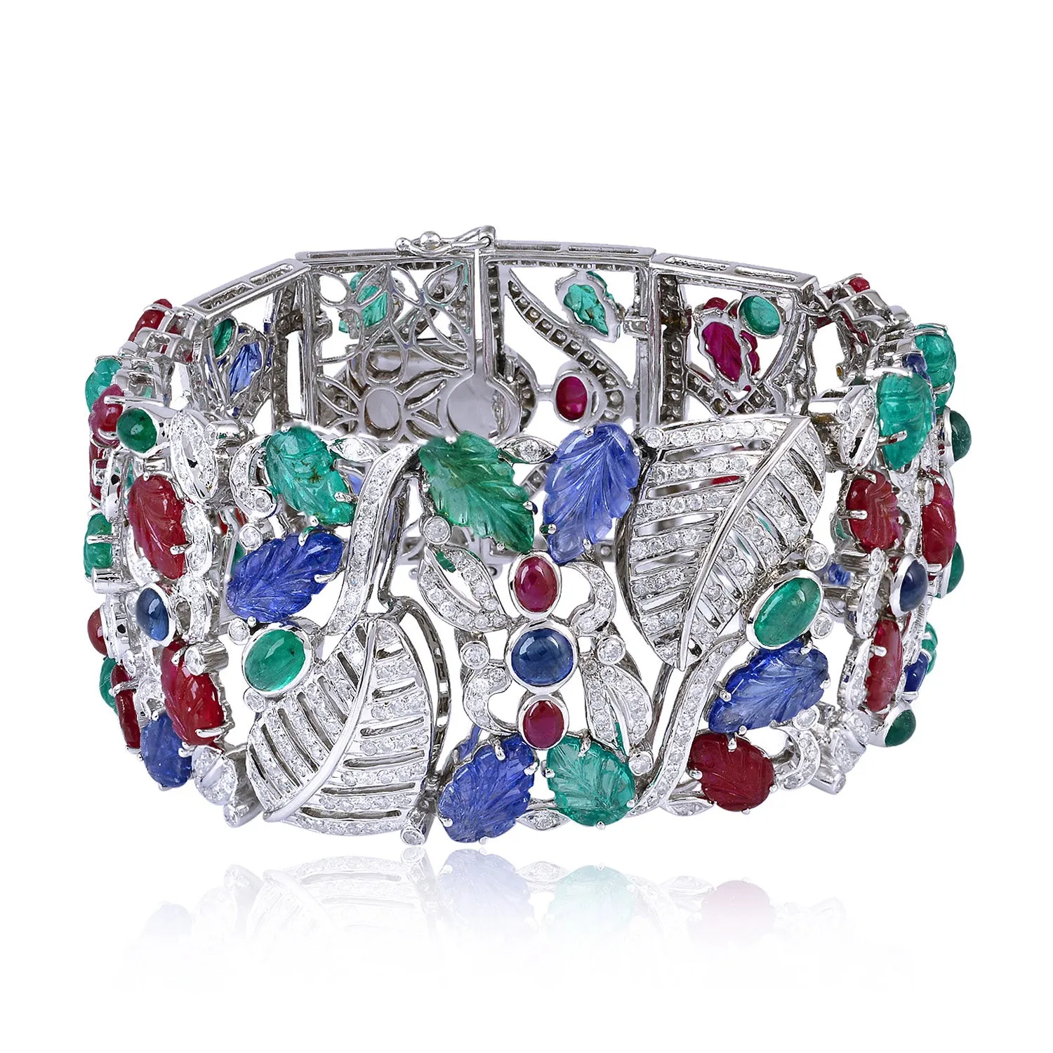 White Gold Carving Emerald Blue Sapphire Ruby Leaf Design Pave Diamond Fixed & Flexible Bracelet