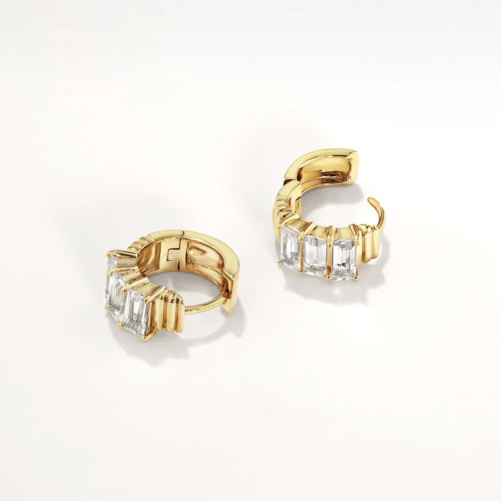 White Topaz Baguette Textured Huggie Earrings in Gold