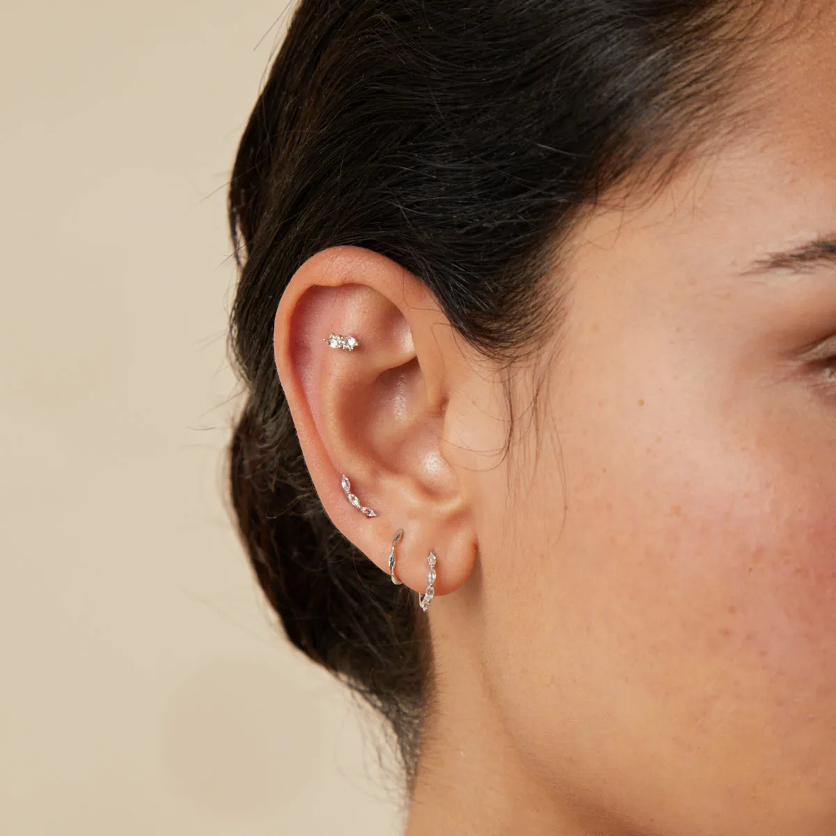 White Topaz Curved Studs in Solid White Gold