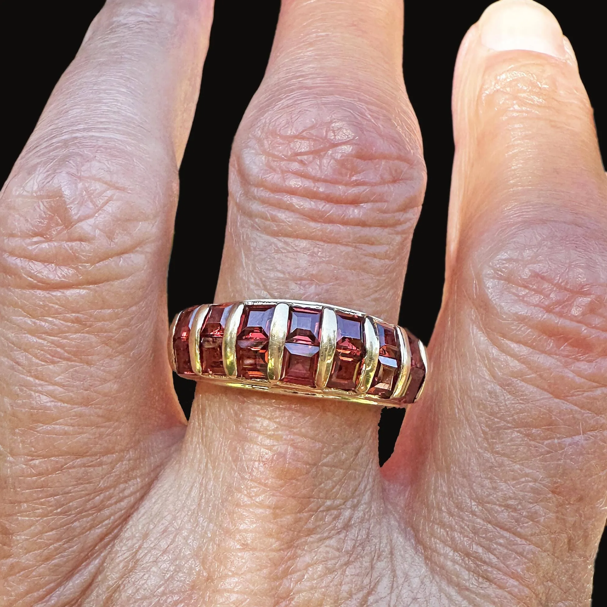 Wide 10K Gold Double Row Rhodolite Garnet Ring Band