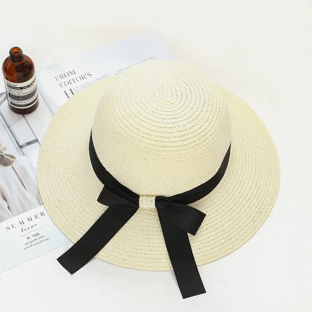 Women Sun Protection Straw Hat Beach Wide Brim Bow-Knot Big Floppy Folding Sun Hat