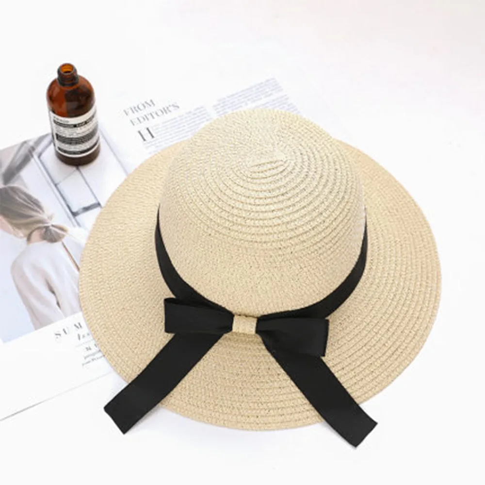 Women Sun Protection Straw Hat Beach Wide Brim Bow-Knot Big Floppy Folding Sun Hat