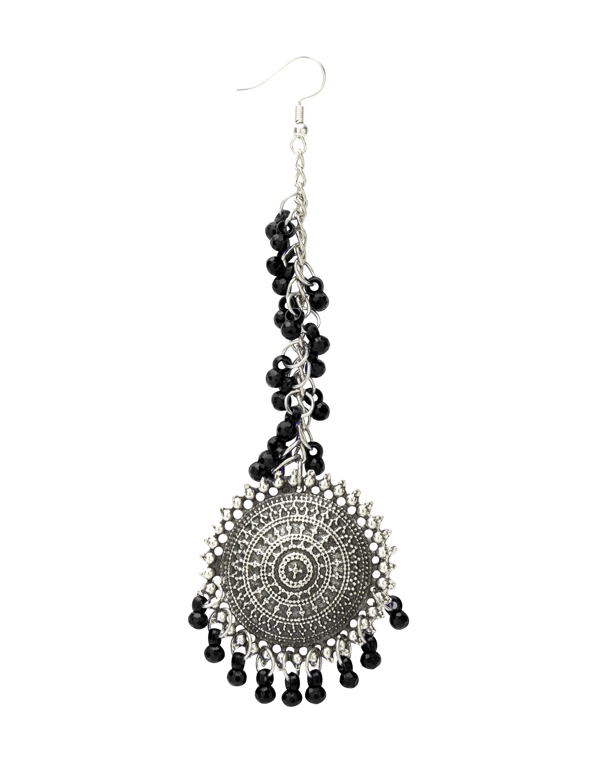 Yellow Chimes Oxidised Earrings Set for Women Silver Oxidised Jhumka Earrings Traditional Maang Tikka with Earrings Jewellery Set for Women and Girls.