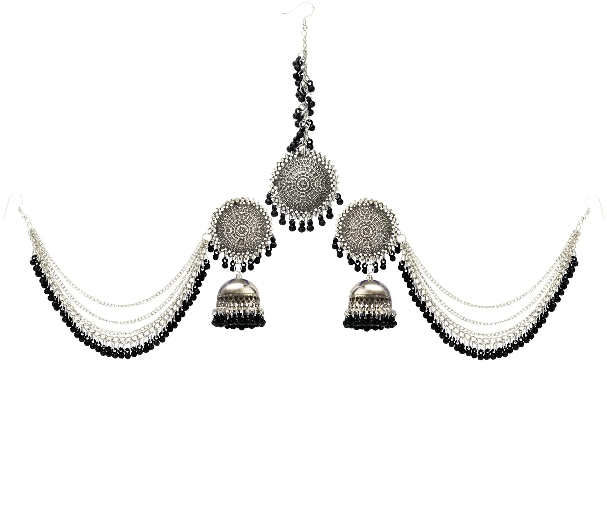 Yellow Chimes Oxidised Earrings Set for Women Silver Oxidised Jhumka Earrings Traditional Maang Tikka with Earrings Jewellery Set for Women and Girls.